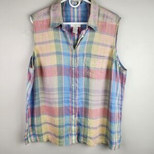 Vintage Jones New York Plaid 100% Linen Top 18W